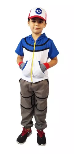 Pokémon Ash Ketchum fantasia de cosplay masculina, jaqueta azul