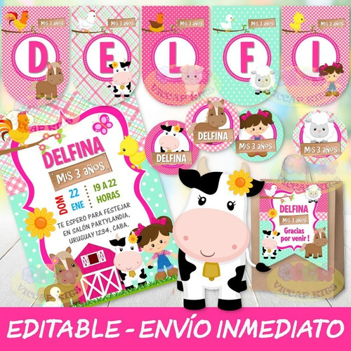 Kit Imprimible Animales De La Granja Nena Candy Bar Editable