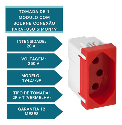 Módulo Tomada 2p+t 20 A 250 V Com Borne Conexão Parafuso S19
