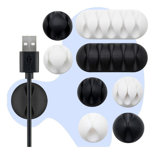 Set 8 Organizadores Sujetador Cables Adherible Universal F Color Negro y Blanco