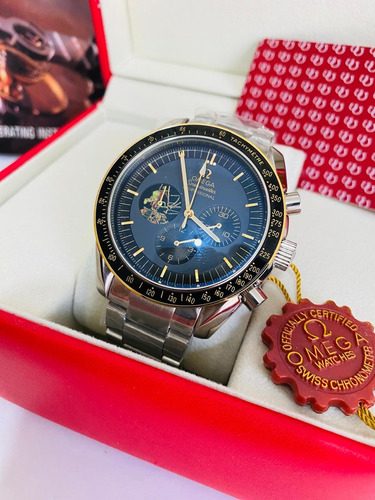 Bonito Reloj Pulsera Omega Apolo + Full Set Plata Plata Negro Azul