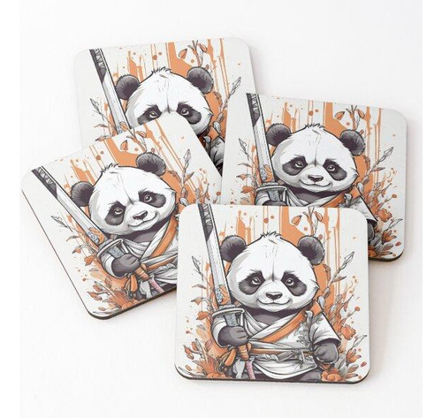 Set Posavasos Linda Caricatura Panda Samurai Katana Espada W