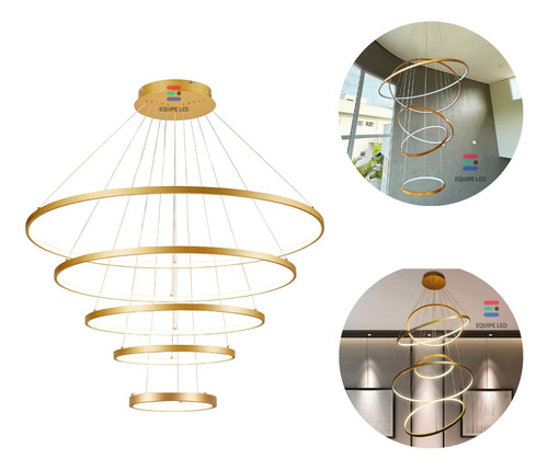 Lustre Pendente 5 Aneis Arcos Moderno Dourado Pe Direito Duplo Top Bivolt Equipe Led