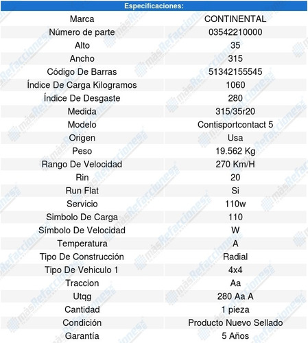 Llanta 315/35r20 110w Contisportcontact 5 Run Flat