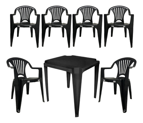 Kit Jogo De 1 Mesa E 6 Poltronas Plásticas Bar Jantar Festa Cor Preto