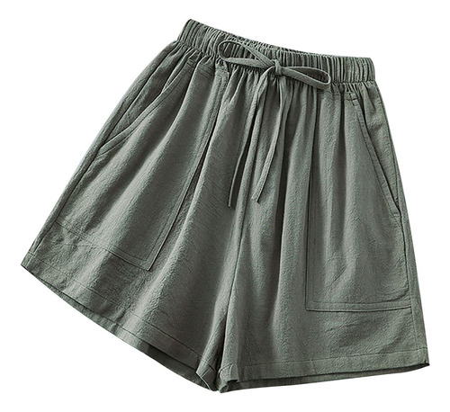 Shorts Femininos De Algodão E Linho, Soltos, Cintura Alta, C