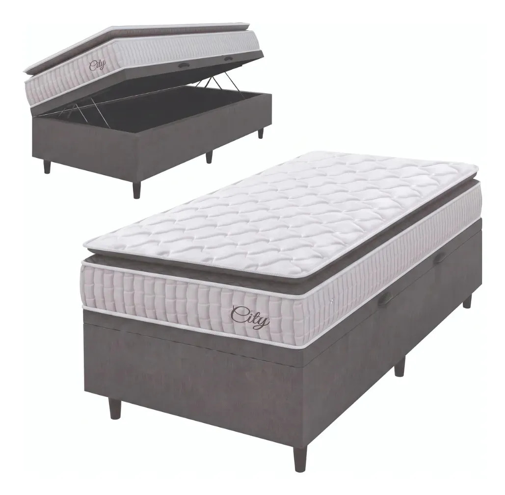 Cama Box Baú Colchão Solteiro Molas Ensacadas City Pillow Top 88x188x64cm Branco / Cinza Hellen - Suporta até 110kg por Pessoa