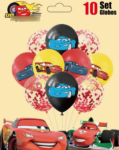 Imagen 1 de 2 de Set 10 Globos Latex Cars Feliz Cumple Confetti