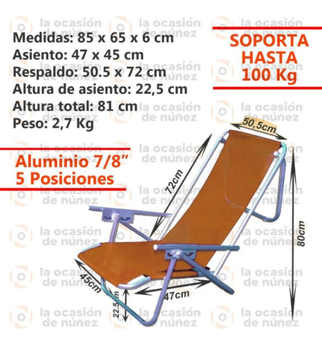 Reposera Silla 5 Posiciones Aluminio Sillon Plegable X 2u