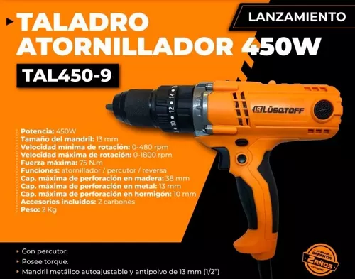 Taladro percutor eléctrico 10 mm 450W + accesorios