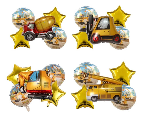 Pack 4 Set De 5 Globos Transporte Construcción Grua Remolque