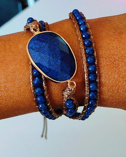 Pulseira 3 Voltas Pedra Natural Lápis Lázuli Artesanal Boho