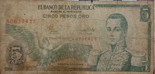 Billete Antiguo De 5 Pesos Oro Colombianos 