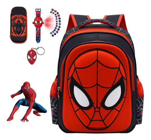 Spider-man Mochila Escolar Preescolar/estudiante De 3d Dibujos Animados (con Estuche Lápices Reloj Luminoso De Proyección  Llavero ) Diseño De La Tela Nylon