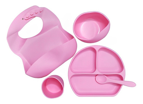 Set Vajilla Silicona Para Bebés Platos Babero Cubiertos Rosa