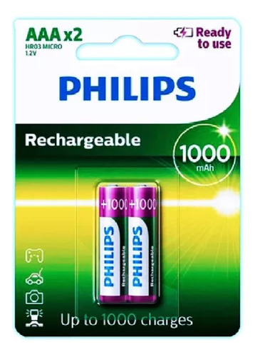 Pilas Recargables Philips Aaa 1000 Mah Pack 2 Bateria.