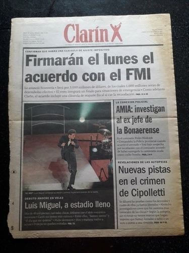 Tapa Diario Clarín 15 11 1997 Fmi Luis Miguel Amia Cipollett