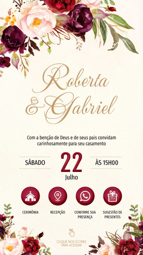 Convite Casamento Marsala Virtual Interativo + Presentes 30