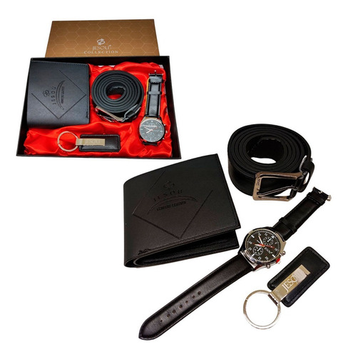 Set Para Hombre Billetera + Reloj +correa + Llavero  Estuche