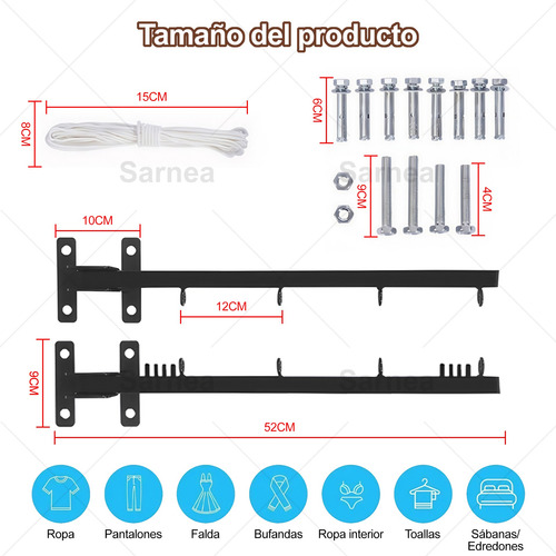 Tendederos Plegable Retractil Ropa Reforzado Metal Con Pinza