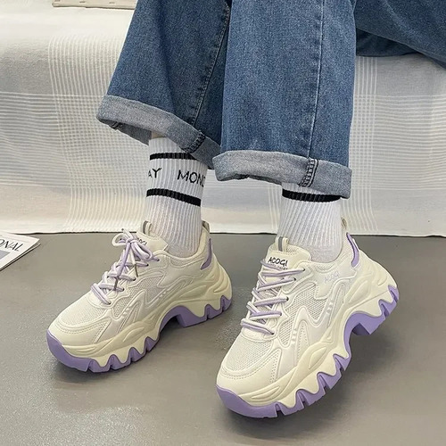 Zapatos Deportivos Casuales De Malla Transpirable Para Mujer, Suela Gruesa
