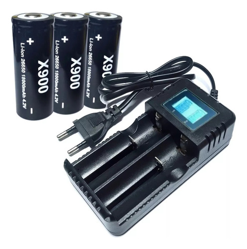 Carregador Duplo + 3 Bateria 26650 Para Lanterna T9 X900