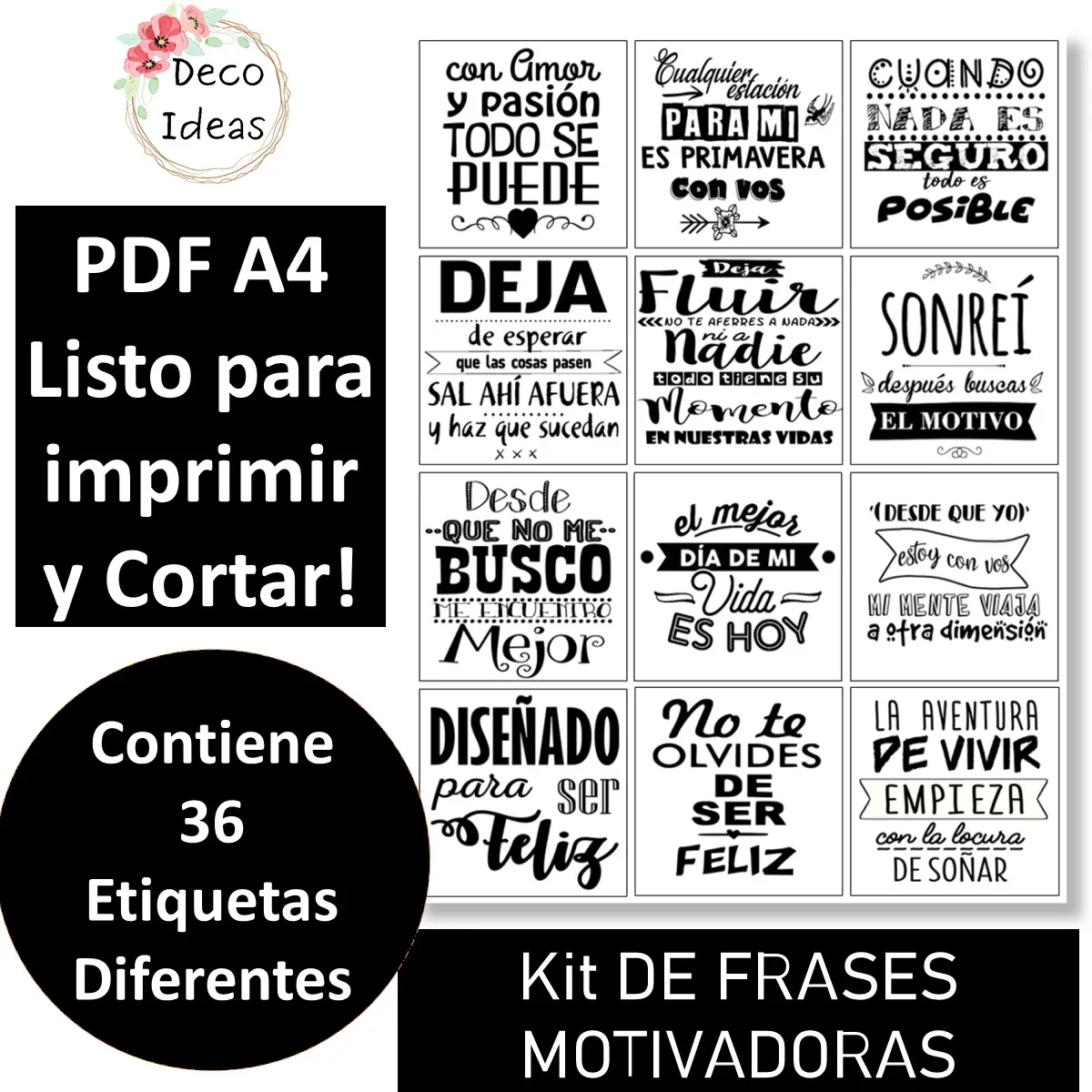 Kit Imprimible 02 Blanco/Negro "Frases"