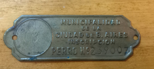 Rara Chapa Patente P/perro Municipalidad Buenos Aires 1963