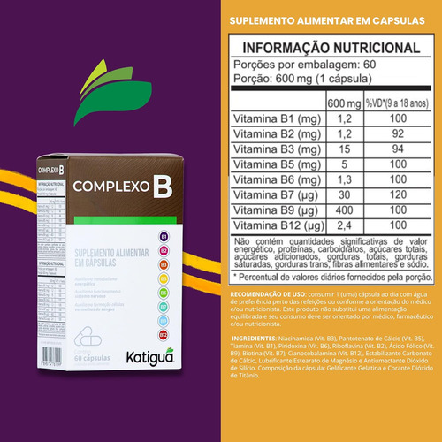 3 Vitamina Complexo B B1, B2, B3, B5, B6, B7, B9, B12 60caps