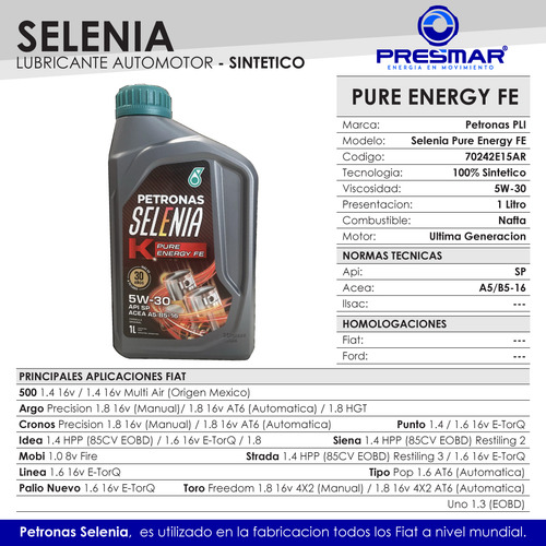 Aceite Selenia K Pe Fe 5w30 Fiat Palio 1.6 16v Etor 1 L
