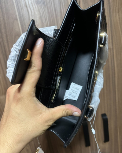 Bolsa Tory Burch 100% Original Tote Fleming East West 164763 Negro Rayas Oro Negro (Usado)