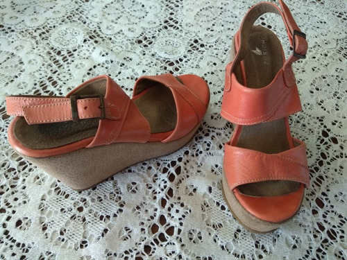 Sandalias Cuero Plataforma Taco Chino Y Pulsera Salmón