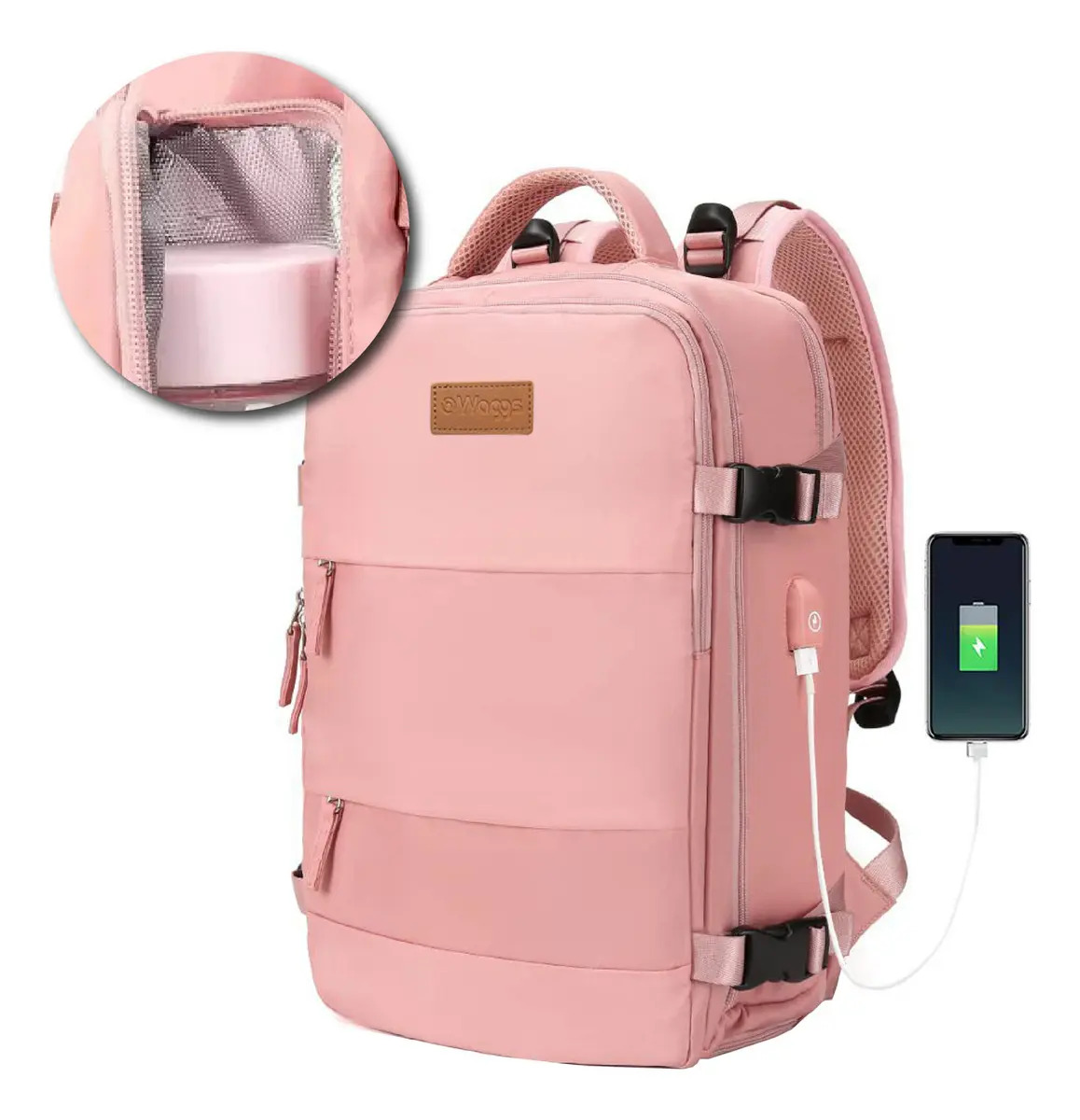 Mochila Viaje Rosa Claro Waggs Carry On Porta Notebook Impermeable 25L