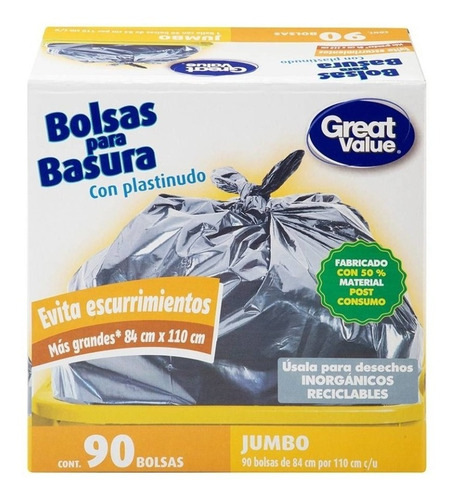 Bolsas Para Basura Great Value Jumbo Con Plastinudo 90 Pzas