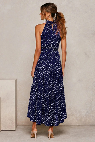 Maxivestido Dama Con Volado Y Cuello Halter Lunares