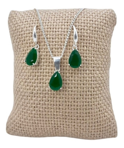 Hermosos Aretes, Dije Gotas Verdes Y Cadena Barbado En Plata