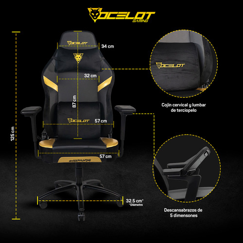 Silla Gamer Ocelot Vinipiel Reclinable Descansa Brazos 5d Negro Vinipiel