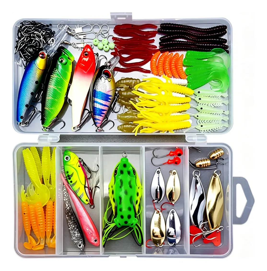 Kit 109 Señuelos Pesca Minnow Popper Rana Metal Y Estuche Kit 109 Señuelos Pesca