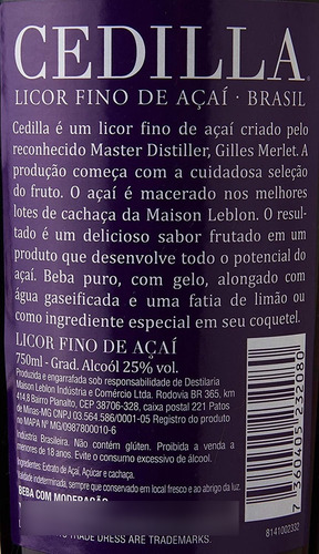 Imagem 3 de 3 de Licor Orgânico Cedilla Açaí 750ml