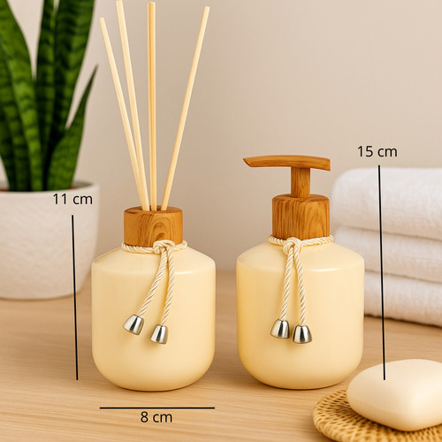Kit Lavabo Banheiro Luxo Difusor Aromatizador De Ambiente Com Bandeja E Sabonete Líquido Cor Bege
