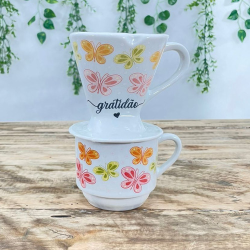 Coador De Café Em Porcelana + Xicara 200ml - Borboletas