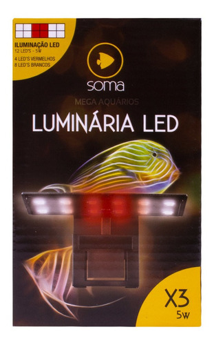 Luminária Aquário Nano Cubo Soma X3 Preta Led Branco Vermelh