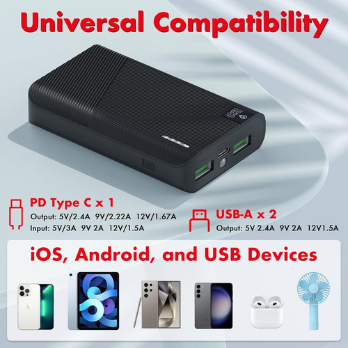 Cargador portátil Travel Depot 6000 mAh, tres puertos, carga rápida, linterna incorporada, USB-C, compatible con iPhone y Android.