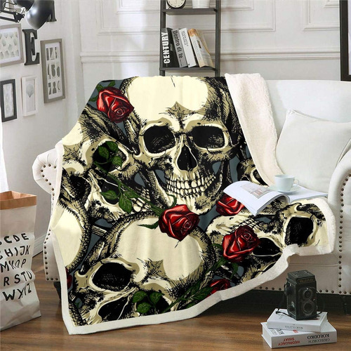 Skulls Sherpa Manta De Forro Polar Con Rosas Rojas, Diseño D