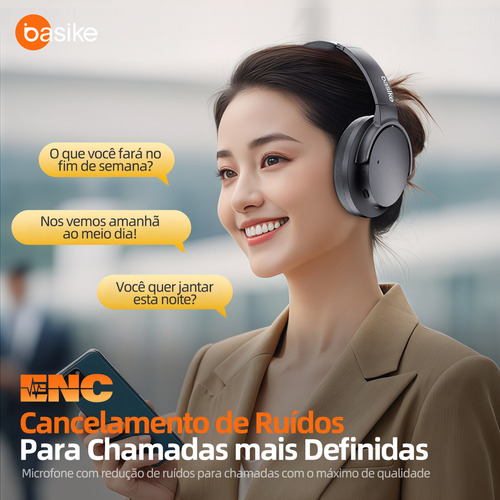 Basike fone de ouvido over-ear bluetooth sem fio com anc ativo 80h bateria áudio hd graves intensos espuma com memória perfeito para viagens e home office azul-marinho