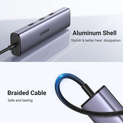 Hub 4 Em 1 Ugreen Usb Tipo-c Para 3* Usb 3.0 + Rj45 Ethernet