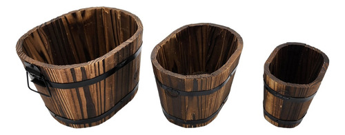 Set 3 Maceteros De Madera Tipo Barril Para Jardín Terraza