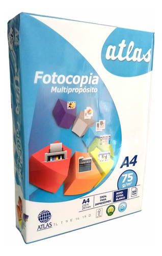 Papel Bond Fotocopia Impresión Atlas A4 75gr Pqtx500