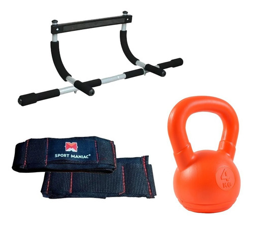Imagen 1 de 5 de Kit Sport Maniac Barra Dominada Cintas Straps Pesa Rusa 4 Kg