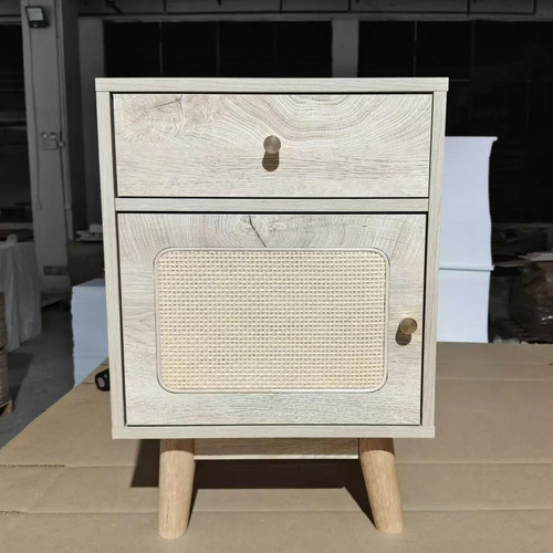 Mesita De Noche De Ratán Y Madera Con Cajón, Bohemia
